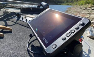 Lowrance Elite FS installed on the front of my 16ft Bass Tracker on a sunny day