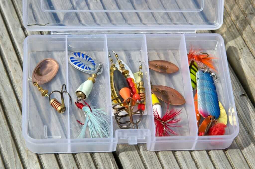 Fishing lures in plastic box