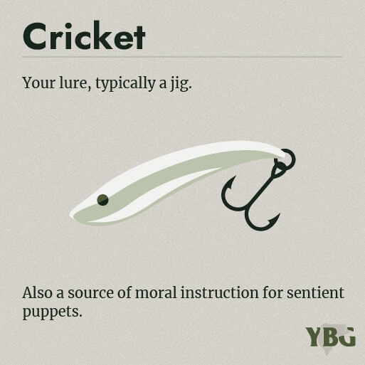 Cricket: Your lure, typically a jig