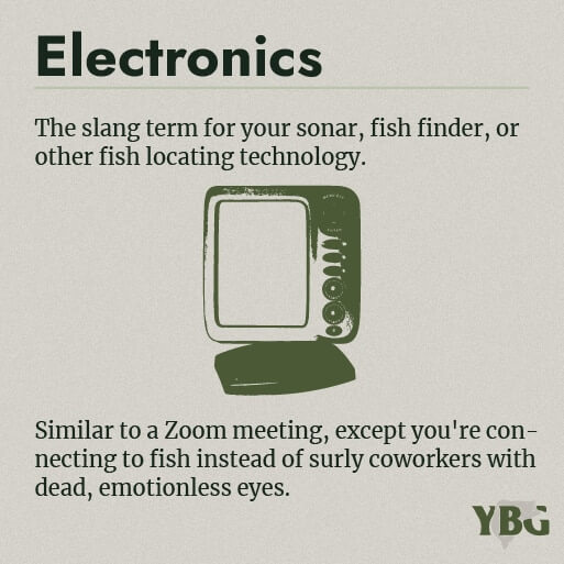 Electronics: The slang term for your sonar, fish finder, or other fish locating technology