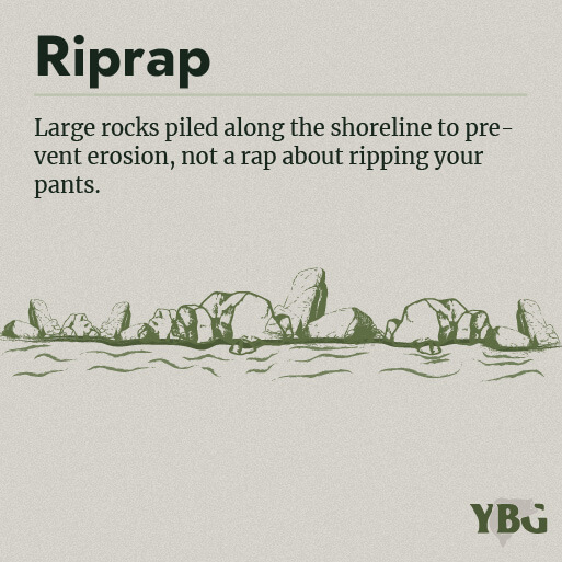 Riprap: Large rocks piled along the shoreline