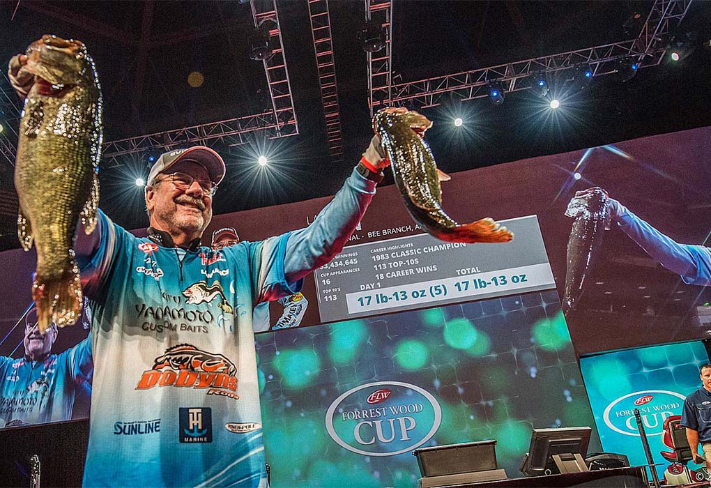 Larry Nixon has spent much of his life competing in major bass tournaments and displaying his catch to cheering fans (photo by Charles Waldorf/Major League Fishing)
