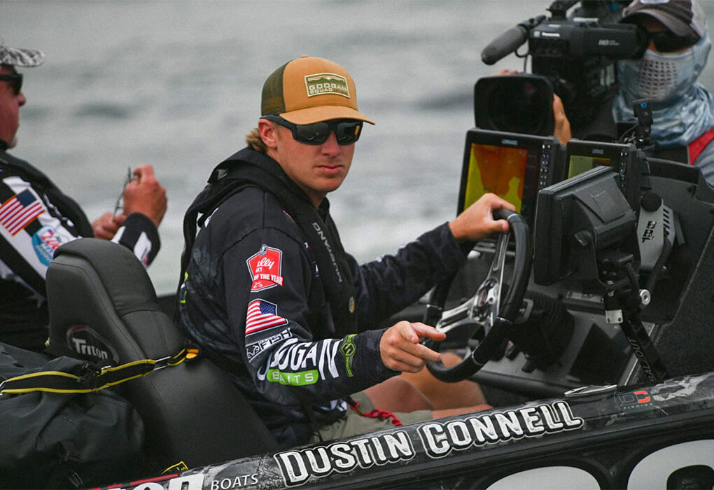 Dustin Connell is at home in the driver’s seat of a bass boat, surrounded by multi-colored screens of fish-finding electronics (photo by Garrick Dixon/Major League Fishing)