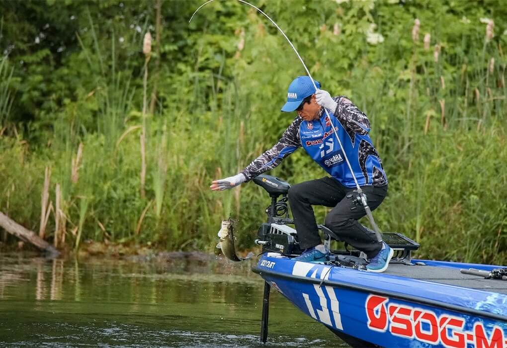 Takahiro Omori uses a variety of shallow-water tactics to catch bass (photo by Josh Gassmann/Major League Fishing)