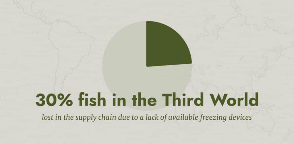 eo% of the caught fish in the third world are lost in the supply chain due to a lack of available freezing devices