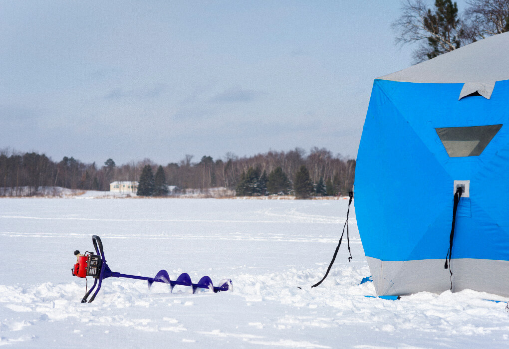 ice fishing auger and ice fishing shelter