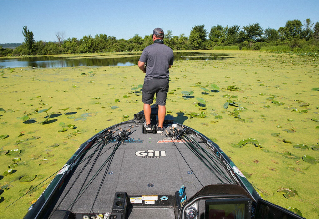 Backwaters covered with algae and vegetation are perfect for using topwater frogs, Fred Roumbanis said (photo by Mason Prince/Major League Fishing)