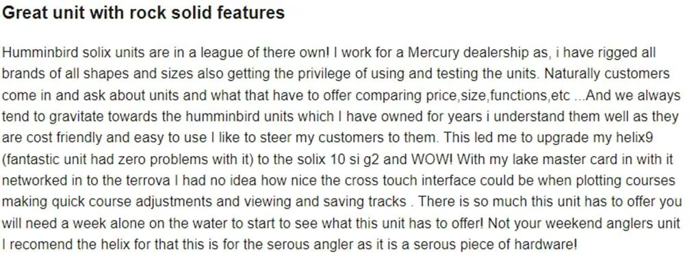 customer review about humminbird solix