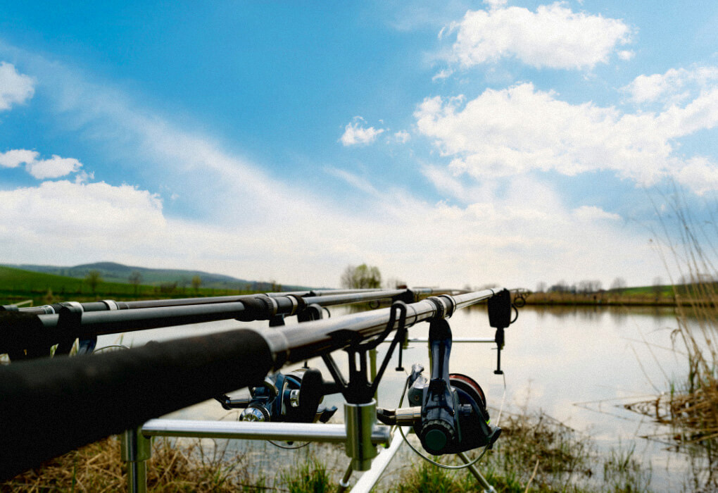 bass fishing rods mounted for bass fishing on a lake