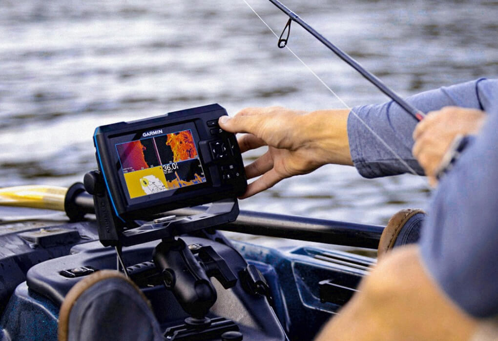 Garmin fish finder mounted on a small boat