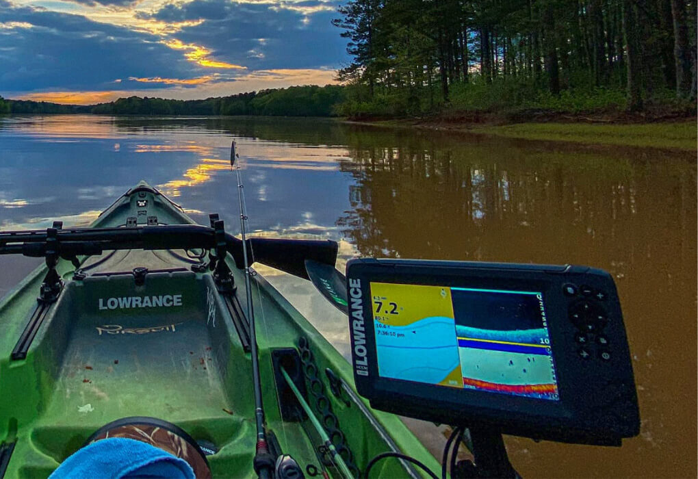 Lowrance fish finder mounted on a kayak for bass fishing