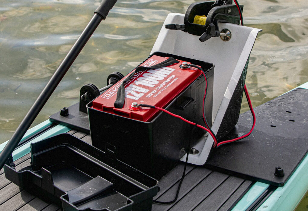 Dakota Lithium Battery and trolling motor mounted on a kayak