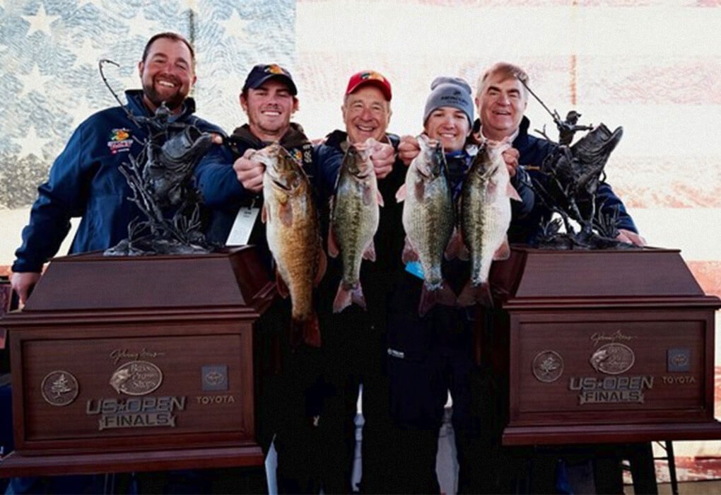Johnny Morris (center) celebrated with U.S. Open champions Logan Parks (second fro m left) and Tucker Smith (second from right) and Morris' son, John Paul (far left) and one of the tournament's main sponsors, Toyota's Bob Carter (far right). (Photo by Bass Pro Shops)