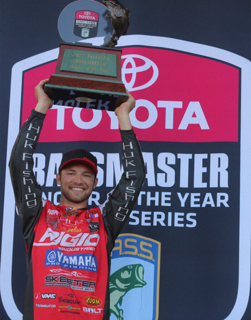 Brandon Palaniuk was all smiles after winning the Bassmaster Elite Series Angler of the Year trophy in 2017. (Photo by Seigo Saito/B.A.S.S.)