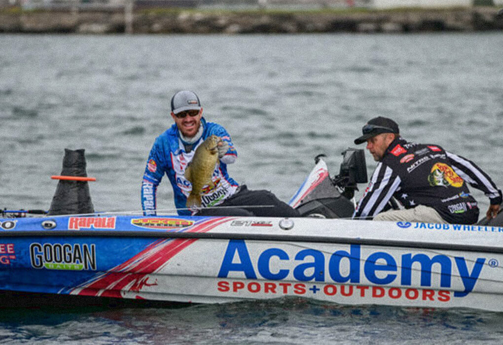 Jacob Wheeler displayed one of many smallmouth bass he caught on the St. Lawrence River en route to a championship in the Bass Pro Tour event this week. (Photo by Garrick Dixon/Major League Fishing)