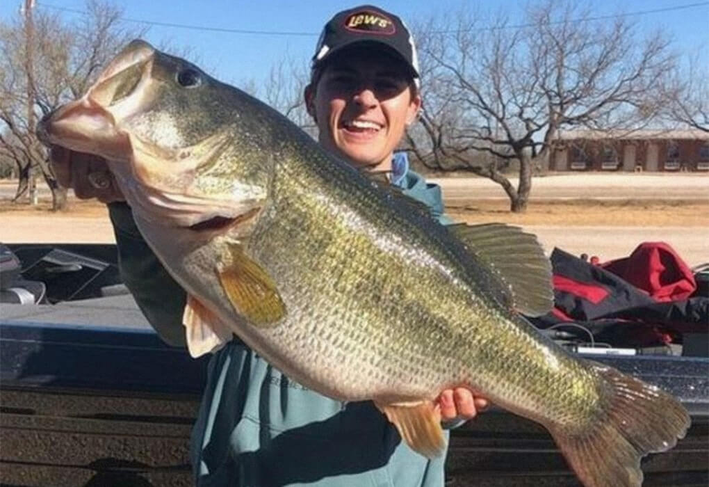 Tyler Anderson posed with the 14.48-pound bass he caught Jan. 5 at O.H. Ivie Lake in Texas. (Photo courtesy of Tyler Anderson)