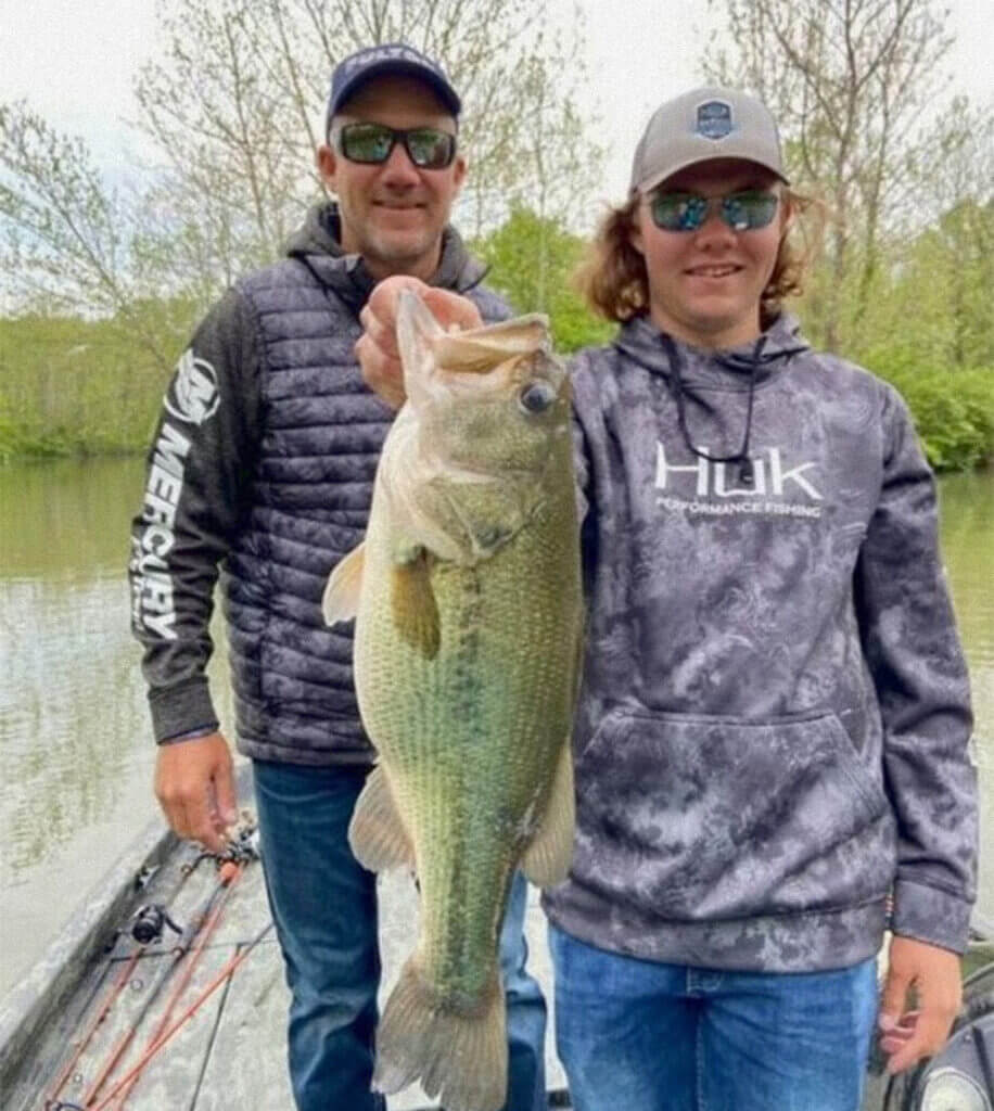 Mason Chapman is striving to follow in the footsteps of his dad, Major League Fishing star Brent Chapman. With 5 1/2-pound bass suc as the he caught at Lake Quivira in Kansas this spring, he appears to be on the right track. (Photo courtesy of Brent Chapman)