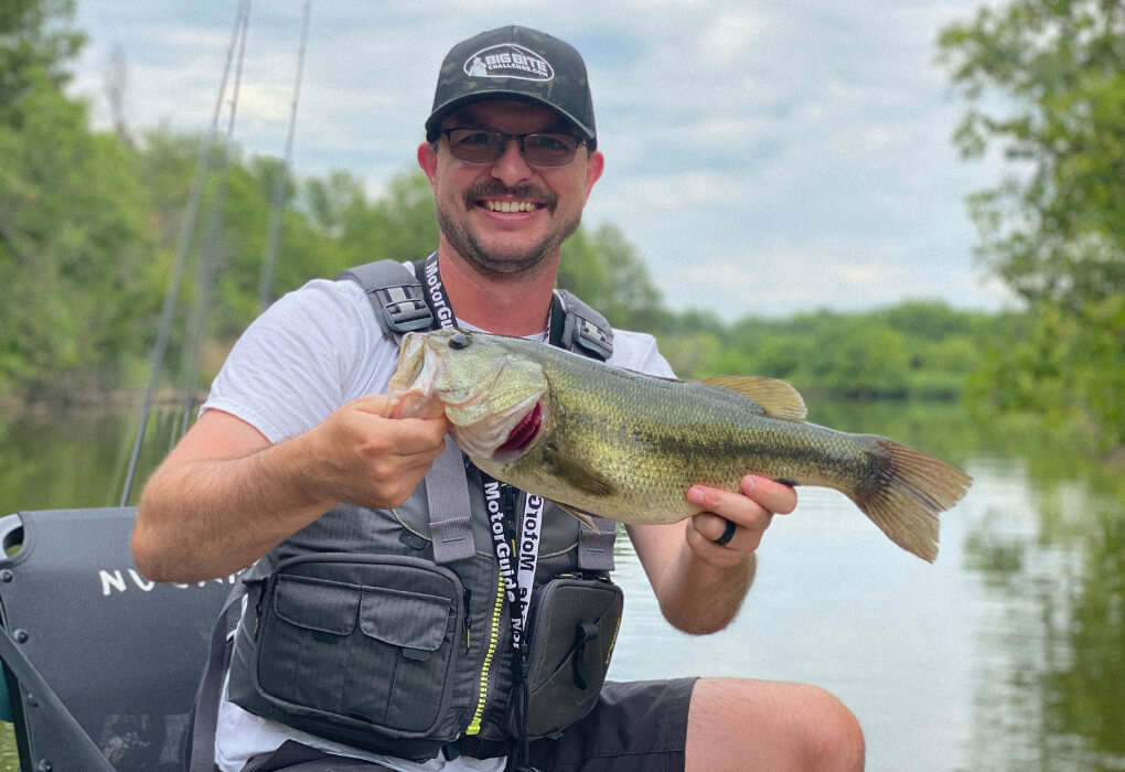 Wesley wearing a kayak fishing pfd