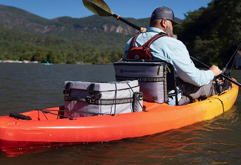 Perception Splash Kayak Crate mounted in a kayak, fishing out on water
