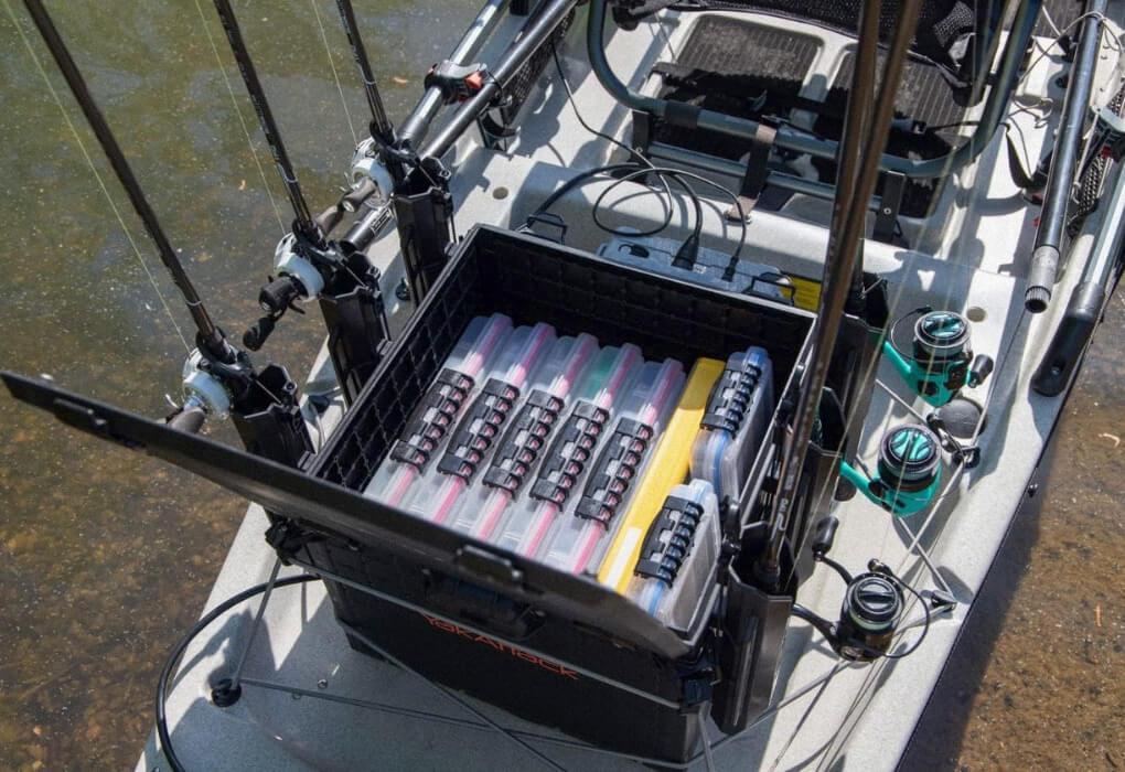 YakAttack BlackPak Pro Kayak Fishing Crate mounted in a fishing kayak, out on water