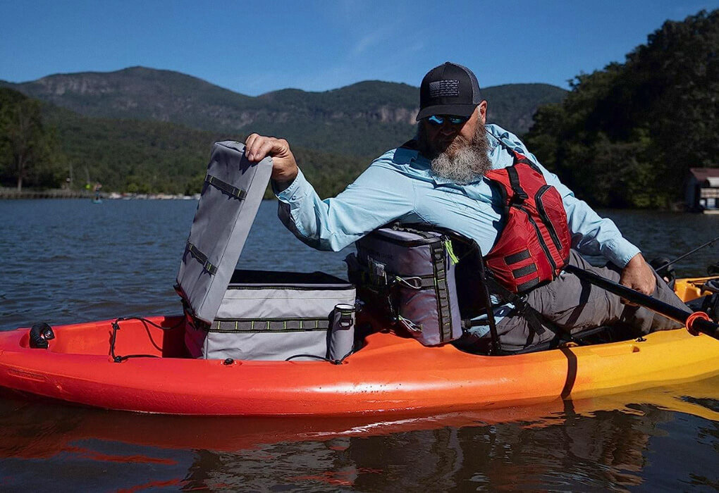 Perception Splash Kayak Crate mounted in a kayak, fishing out on water