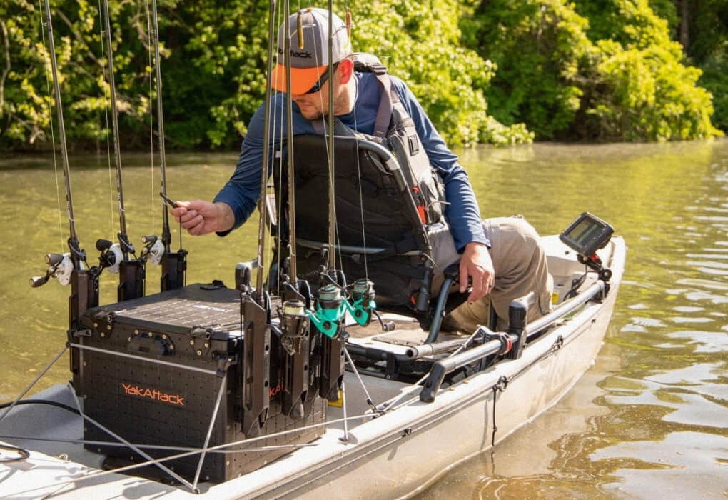 YakAttack BlackPak Pro Kayak Fishing Crate mounted in a fishing kayak, out on water