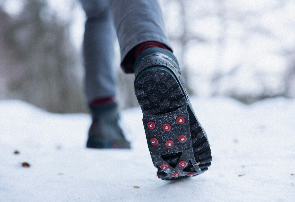 ice fishing rubber cleats mounted on boots